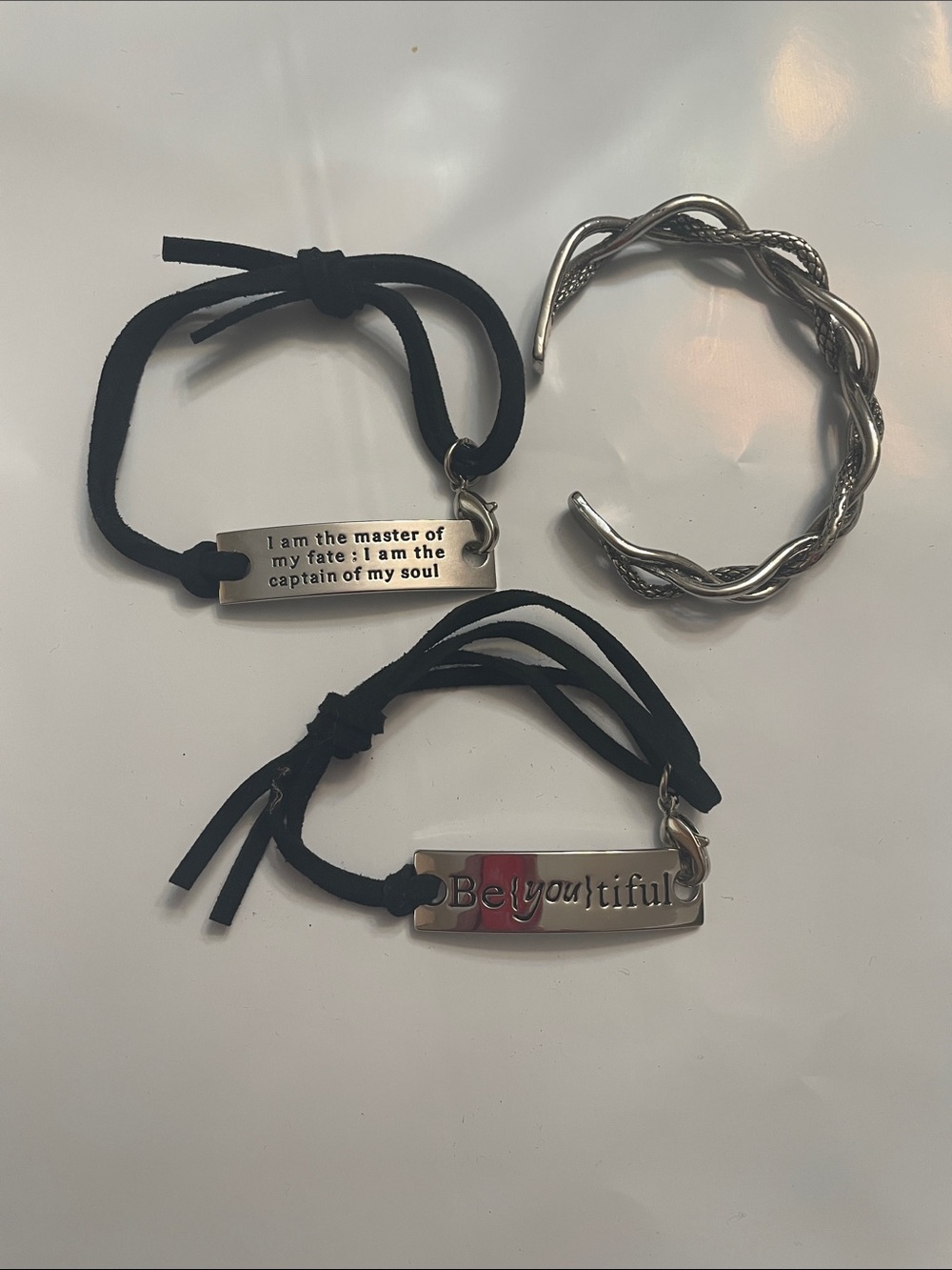 Inspirational Silver Tags on Black Suede Cord + Twisted Silver Cuff